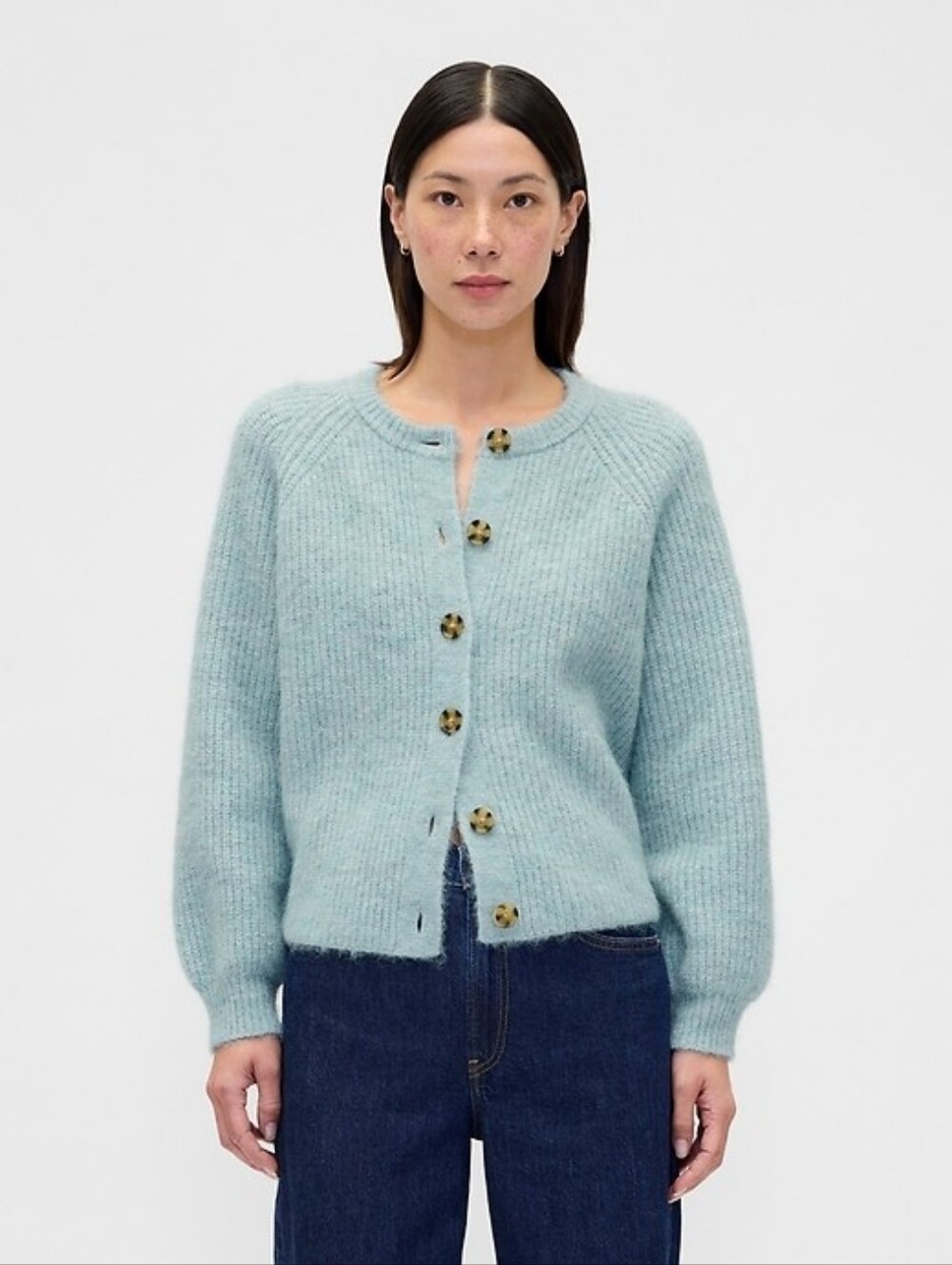 Gap Fuzzy Shaker Stitch Cardigan Sweater Light Autumn Blue Crew Wool Small NWOT